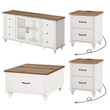 Ensemble de table de salon 4 pièces - Comprend une table basse moderne avec plateau relevable, un meuble télé à porte en verre pour téléviseur de 65 pouces, un ensemble de 2 tables de bout avec station de charge et tiroir, blanc cassé