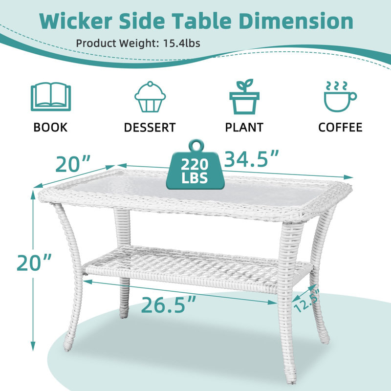  Outdoor Wicker Coffee Table, All-Weather Rattan Patio Coffee Table With 2-Tier Storage, Tempered Glass Top Rectangle Center Table For Deck, Garden, Balcony, Porch, Indoor Or Outdoor Use
