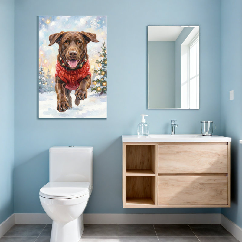 Animaux, chien, chandail rouge, scène hivernale, H 48 po x l 32 po