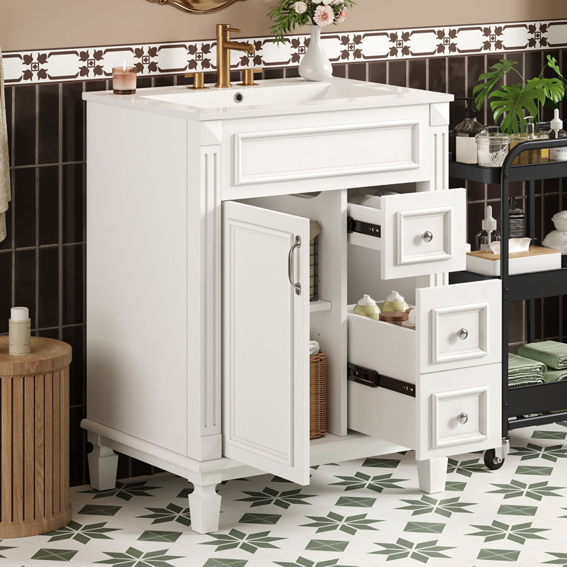 Meuble-lavabo avec lavabo en céramique, 2 tiroirs et tablette réglable, Blanc