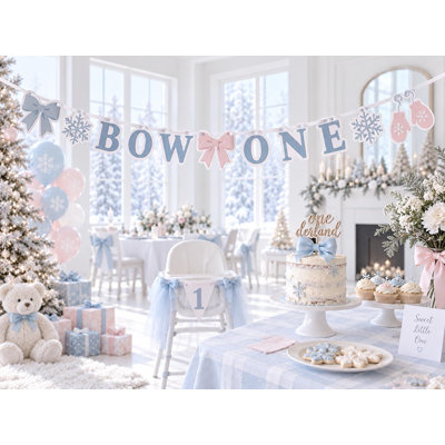 Winter Bow Birthday Banner, First Birthday Party Decor, Handmade Cardstock Garland