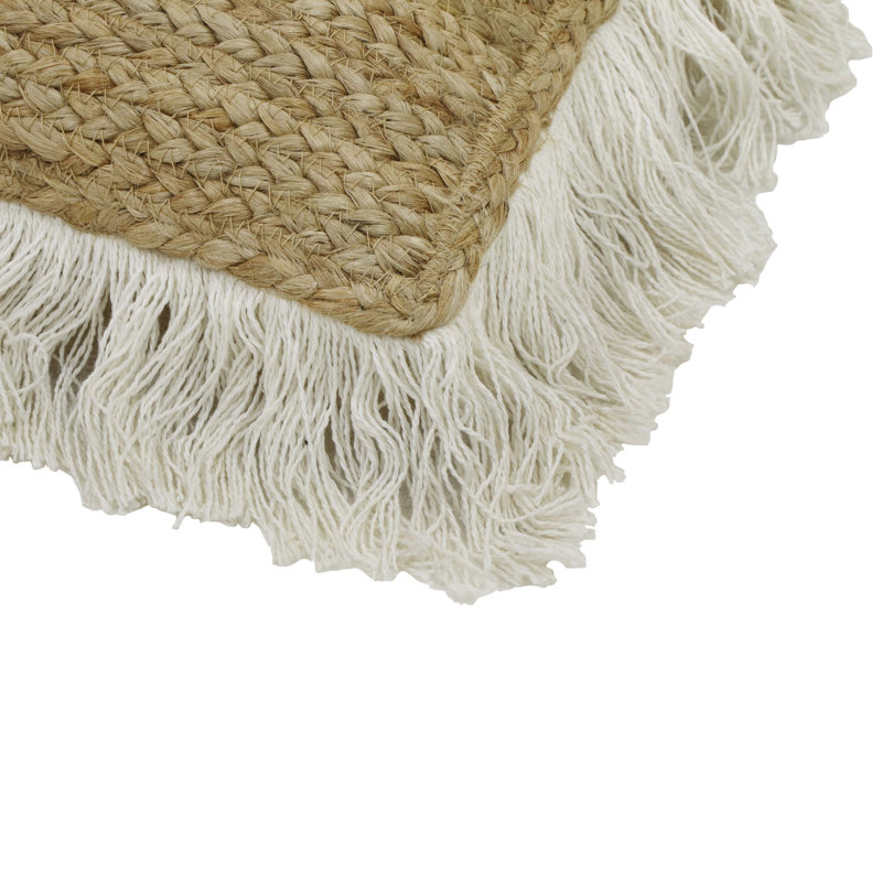 Natural Beige Jute and Cotton Square Accent Pillow with Fringe