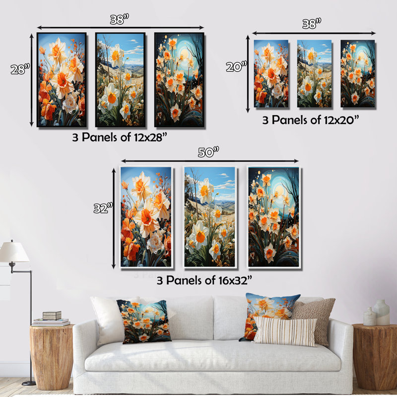 «Daffodils Field Dance», 3 pièces sur toile, H 28 po x l 36 po, Toile tendue