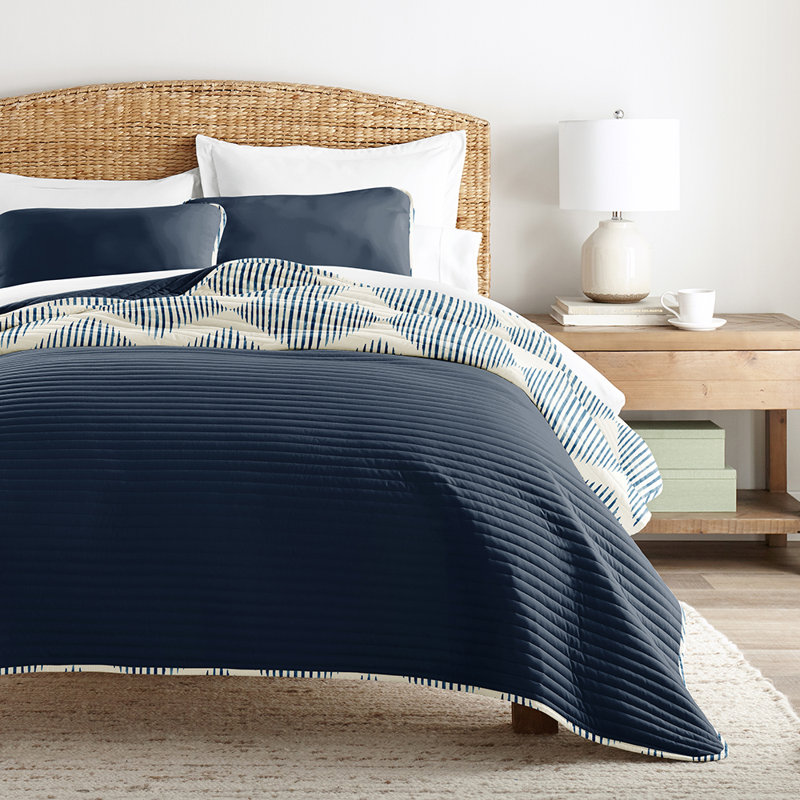 Becky Cameron Microfiber Reversible Quilt Set, Navy/White, King Quilt + 2 King Shams