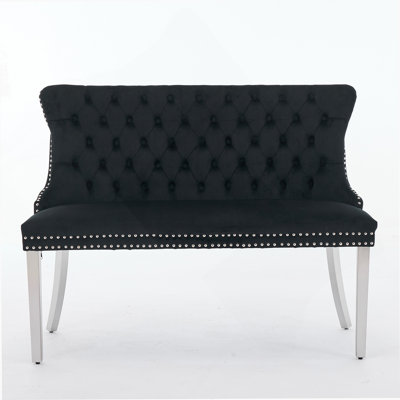 Velvet Double Dining Loveseat Bench, Kitchen & Dining Seating, 2-Seat Tufted Bench W/Handmade Buttons, Wing Back, Brushed Silver Stainless Steel Legs, Mid Century Modern,Single Pack,Black
