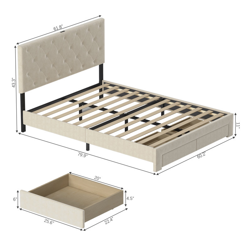 Zoje Upholstered Platform Storage Bed, Cream