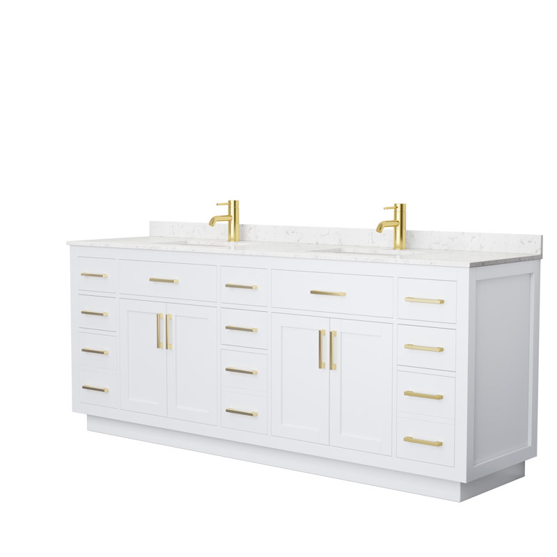 Beckett TK 84'' Free Standing Double Bathroom Vanity with Top, Carrara Cultured Marble, Brushed Gold, White