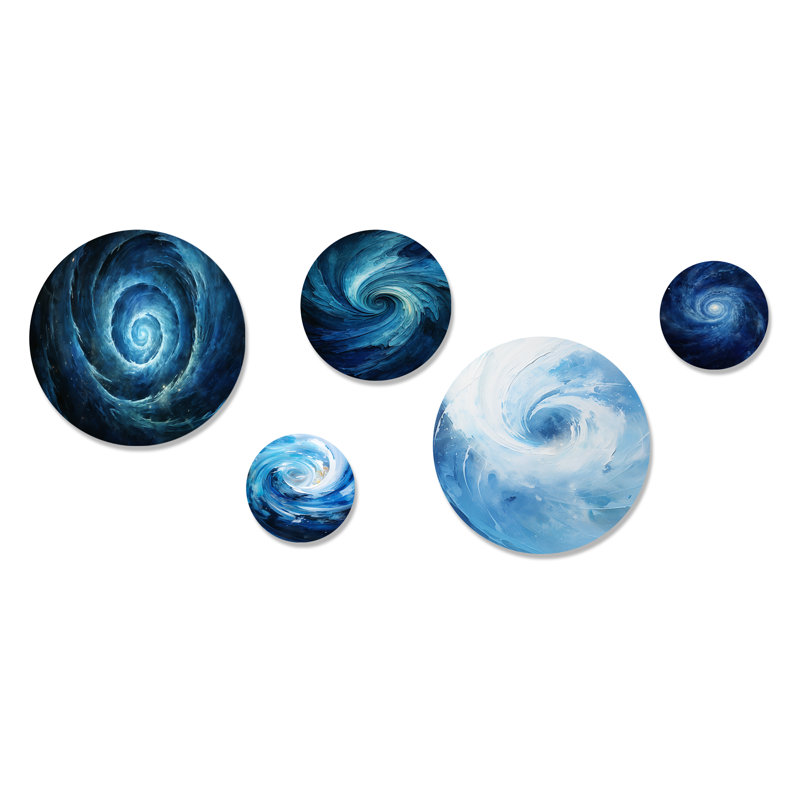 «Blue Swirl Wave Spiral V» - ensemble d'art mural abstrait en spirales - ensemble de 5 décorations murales modernes en métal