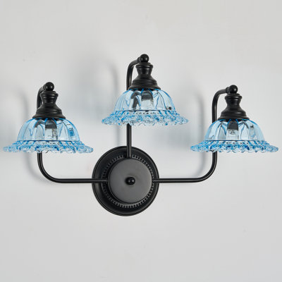 25.5" Wide 3-light Vanity Fixture, Black Frame And Blue Glass UL Listed