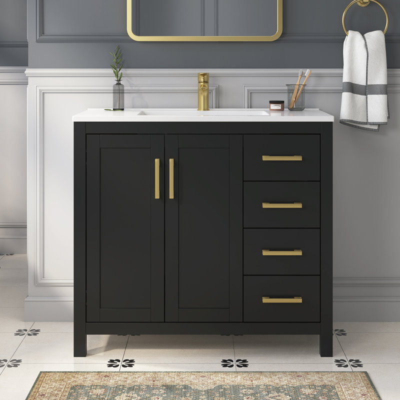 Meuble-lavabo simple autoportant avec plateau en composite Korde, 37", Noir