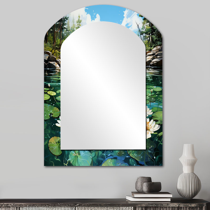 Canada Lakeside Tranquility I - grand miroir mural asymétrique Canada, miroir arqué traditionnel, impression sur métal