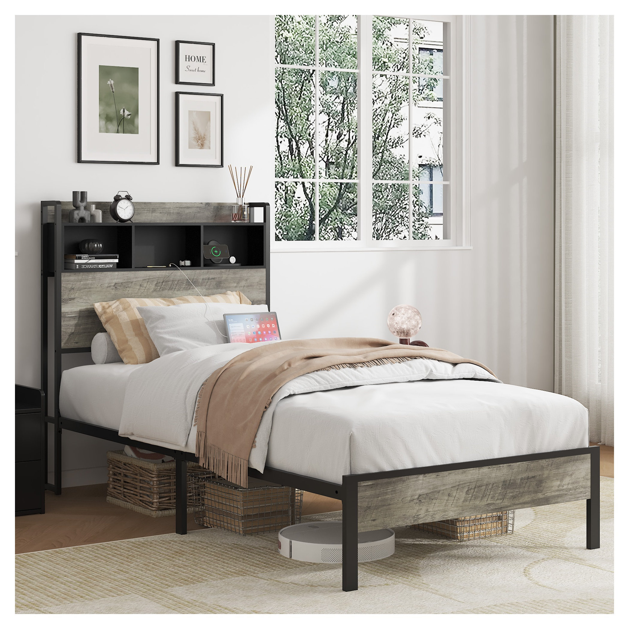 Latitude Run® Twin Platform Bed Frame with Charging Station & Headboard ...