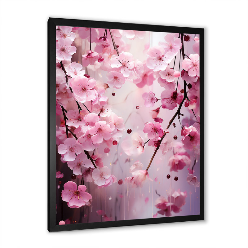 Cerisier rose en fleur 1 - Art mural cerise, H 20 po x l 12 po x P 1 po, Cadre simple noir