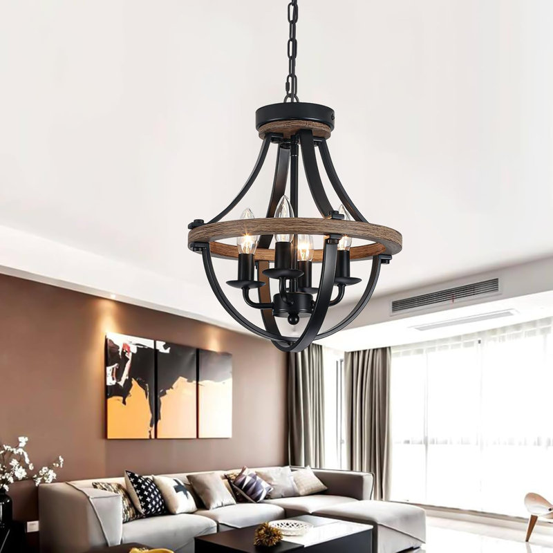 4-Light Plug-in Chandelier With Adjustable Chain – Farmhouse Style, Wood Grain Metal Frame, Dimmable Switch, For Dining Room, Foyer, Kitchen