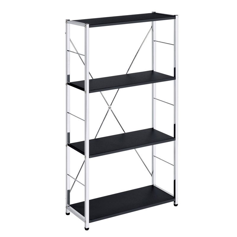 Black and Chrome 4-Tier Rectangular Bookshelf with Open Back Design, Black/Silver