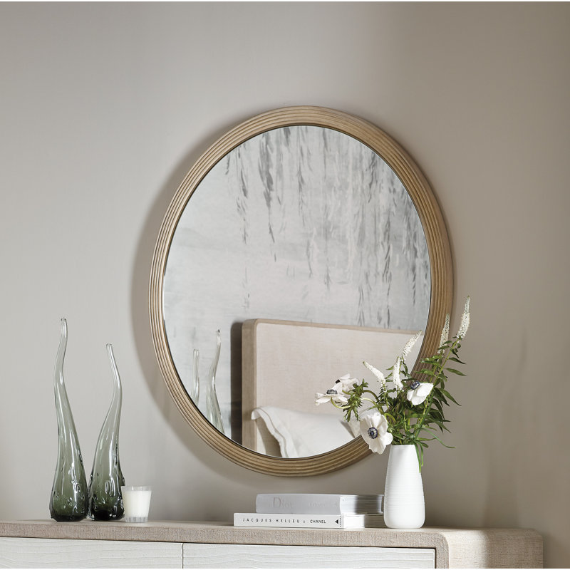 Transitional Oak Veneer 42" Round Beveled Accent Mirror