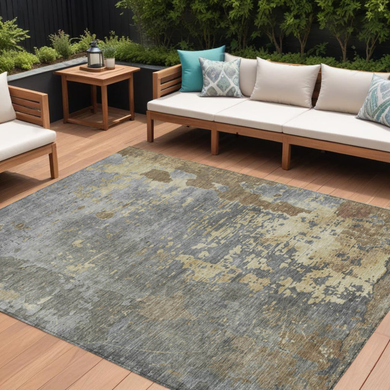 Tapis intérieur / extérieur lavable abstrait taupe gris et beige 10 pi x 14 pi Everette