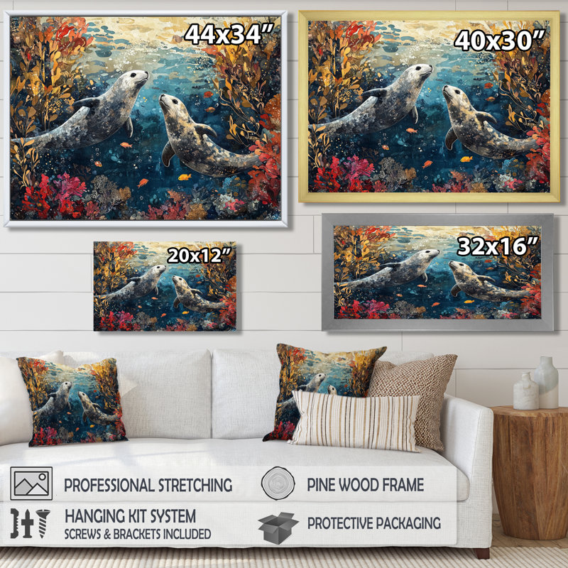 Auriel jouant des phoques dans un paysage de corail III - art mural grand phoque, Brun, Impression encadrée flottante