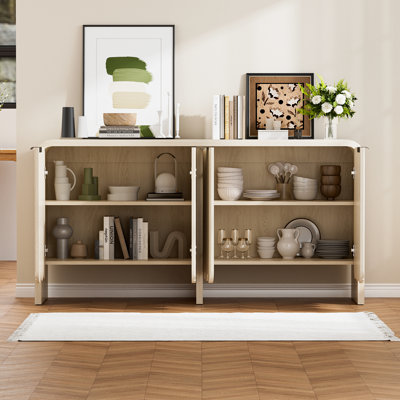 Modern Sideboard Buffet Cabinet, Accent Cabinet With 4 Doors And Adjustable Shelf, Fluted Console Cabient With Metal Handle, Wooden Storage Cabinet For Kitchen, Hallway, Entrway