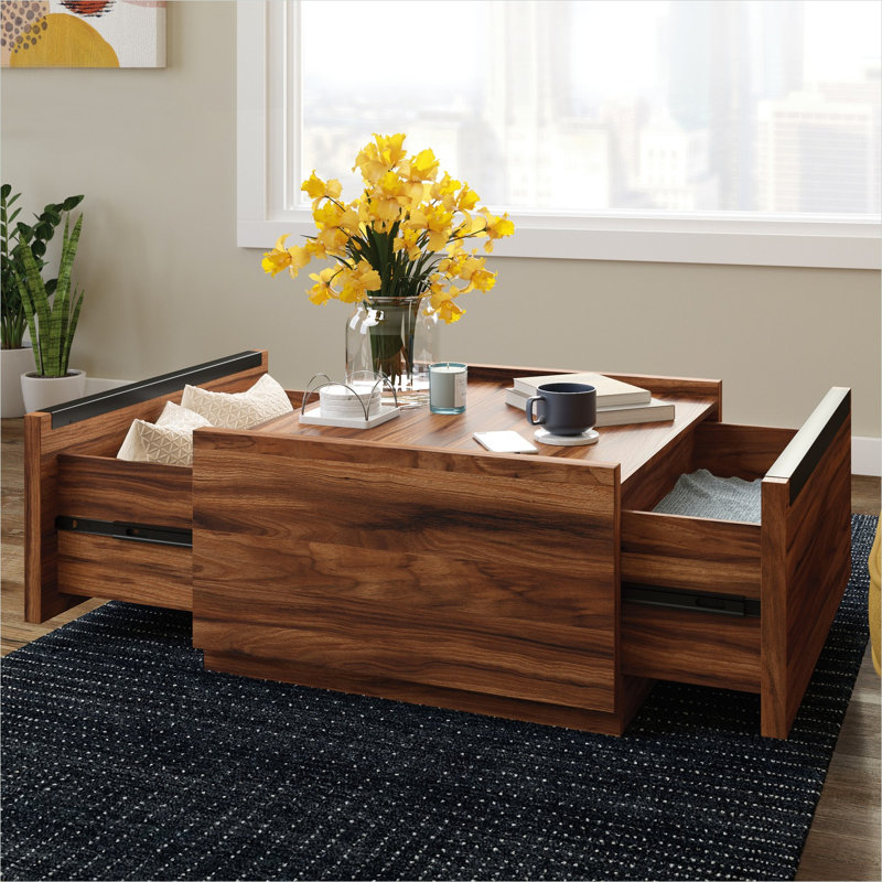 Table basse en bois d'ingénierie brun chaud, centre de table carré de style moderne avec tiroirs à pleine extension