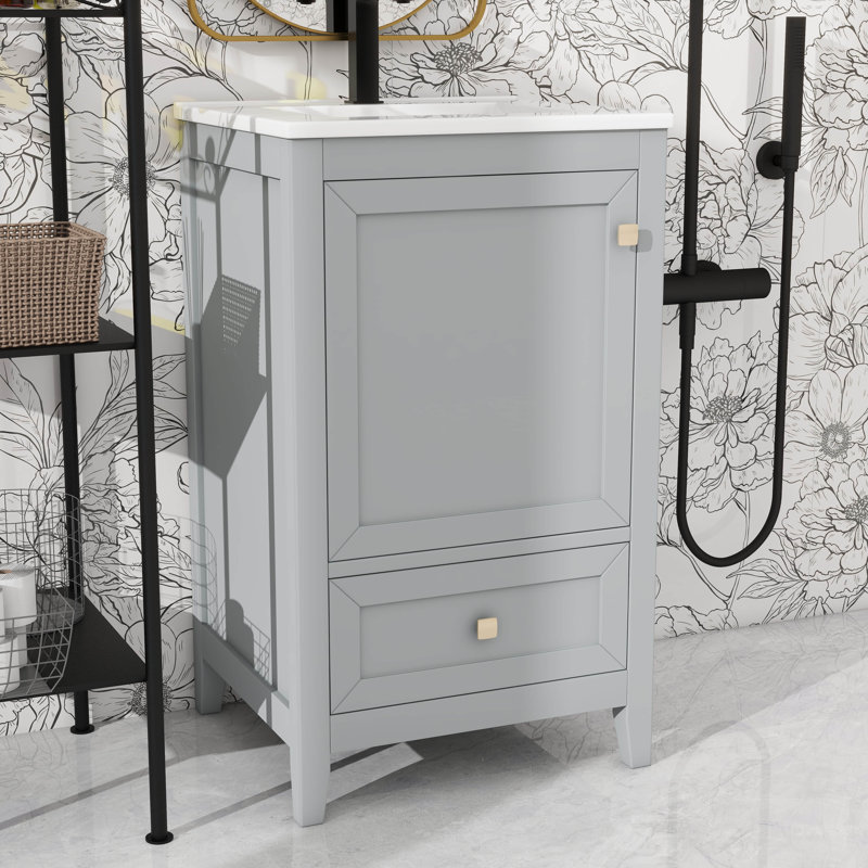 Meuble-lavabo en bois massif de 20 po avec lavabo, armoire autoportante, porte à fermeture douce, support de rangement, tiroir