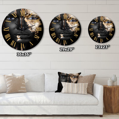 Portrait of A Afro American Girl with Gold Makeup - Modern wall clock
