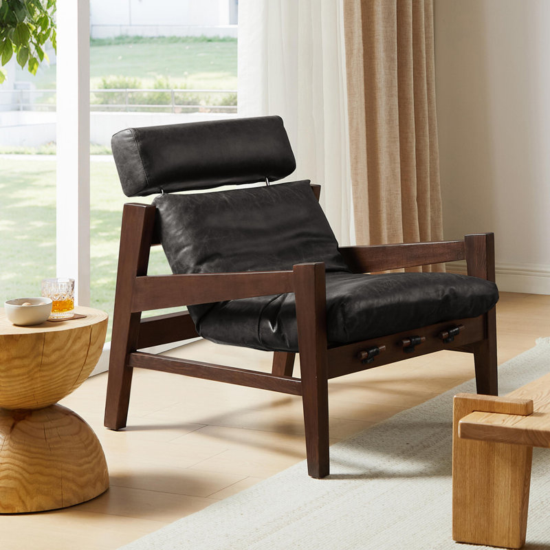 Carre 28.35'' W Genuine Leather Lounge Armchair With Adjustable Headrest, Black
