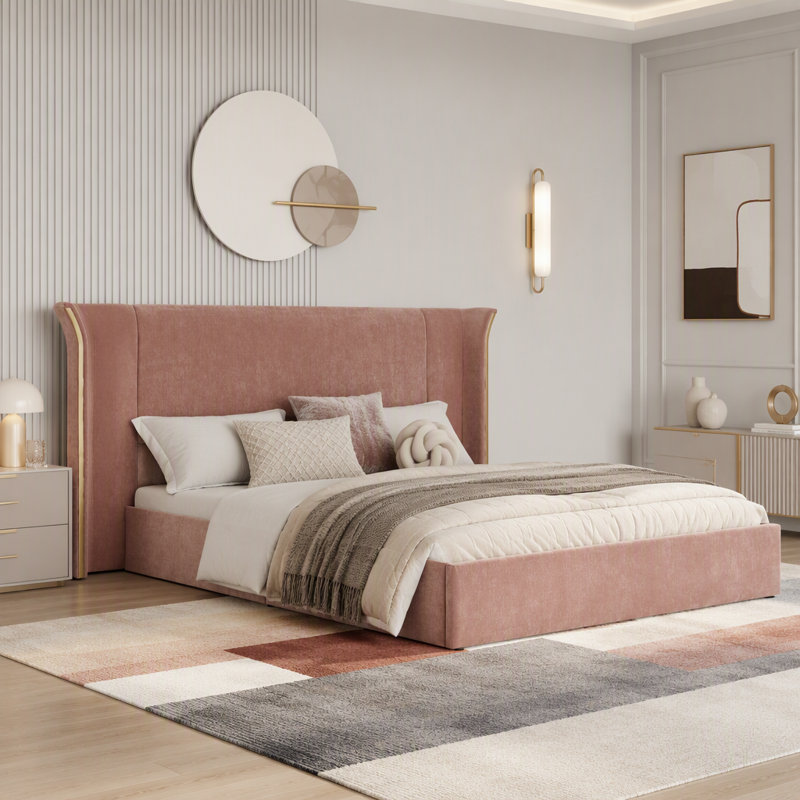 Cadre de lit capitonné de luxe à oreilles, haute tête de lit rembourrée, tissu chenille doux, cadre solide et robuste pour chambre à coucher, matelas non inclus