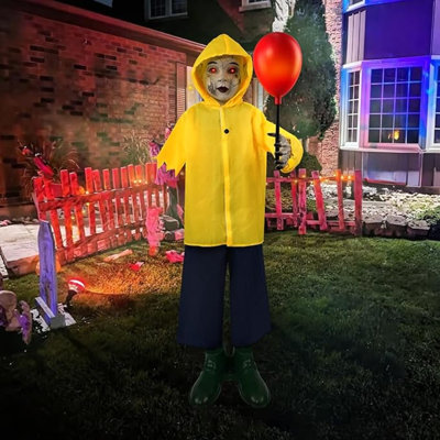 Halloween Decorations Outdoor - 4 Ft Life Size Animated Animatronics Prop With Sound & Touch Activated Sensor And Light Up Balloon - Spooky Scary Decor For Home Indoor Garden Lawn Yard Grave Party