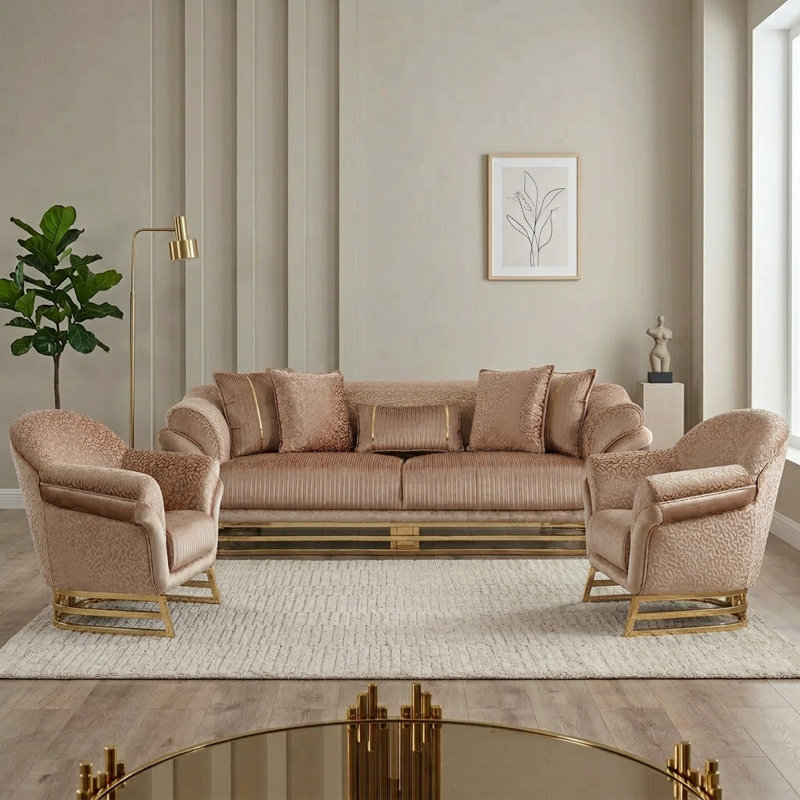 Ensemble de salon 3 pièces Makre, Beige, Doré
