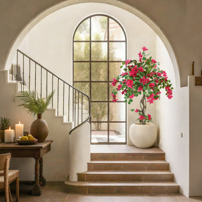 Arbre de bougainvillée artificiel 3 pi avec pot en plastique noir, plante à fleurs artificielle résistante aux rayons UV pour la décoration intérieure et extérieure
