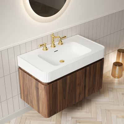 Meuble-lavabo de salle de bain GECO 36, armoire de rangement flottante, lavabo intégré à surface solide blanche avec 3 trous de robinet pré-percés, démonté, robinet et drain exclus, couleur grain de bois noyer