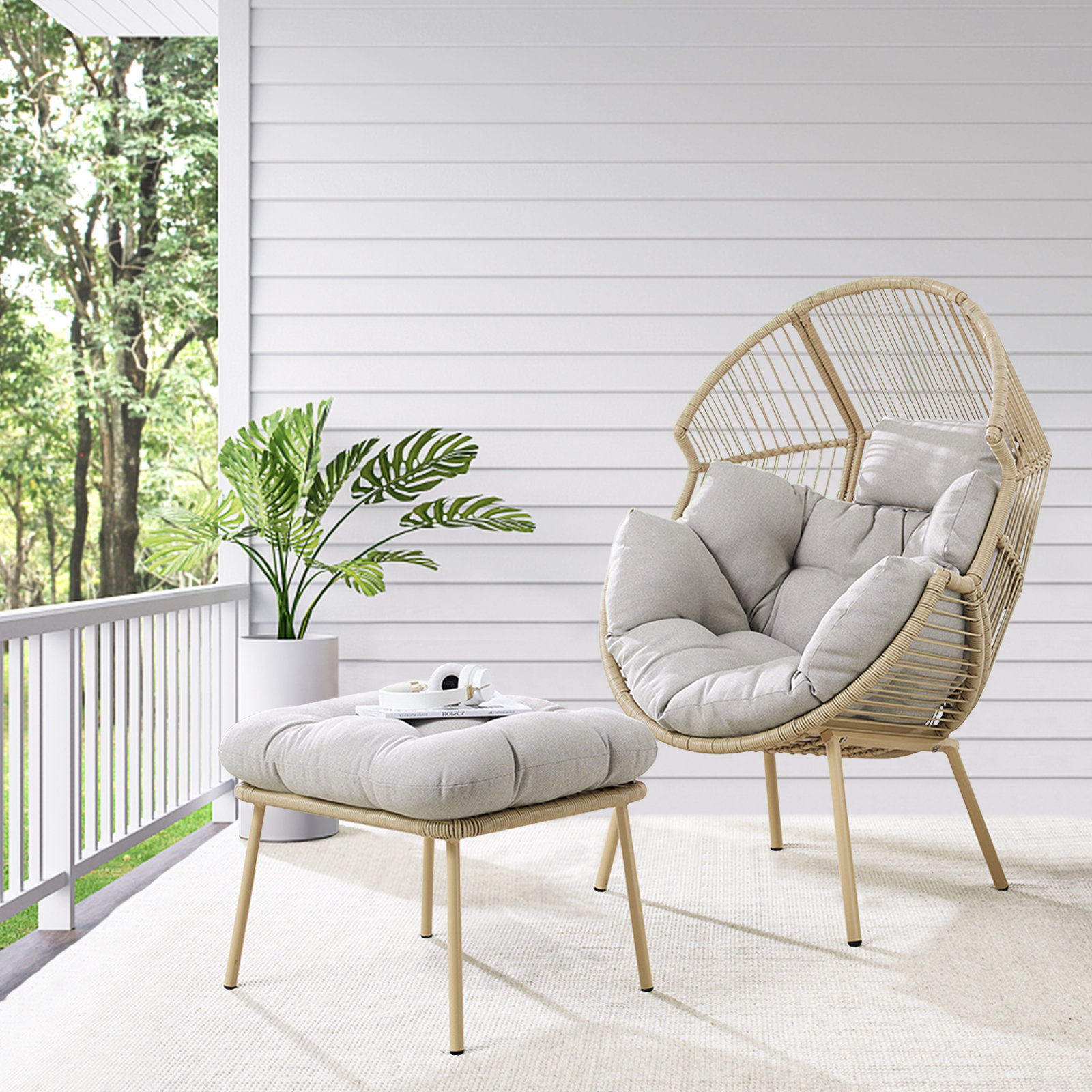 GOOGIC Patio Wicker Egg Chair, Egg Basket Chair with Cushion, Outdoor Patio  Lounge Basket with Stand for Patio Backyard Porch - Beige