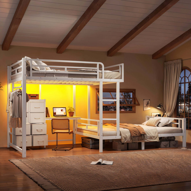 Lit superposé en acier double avec 8 tiroirs de rangement, tablettes intégrées, bureau d'étude, tringle à vêtements et port USB amovible pour enfants, adolescents et adultes, blanc