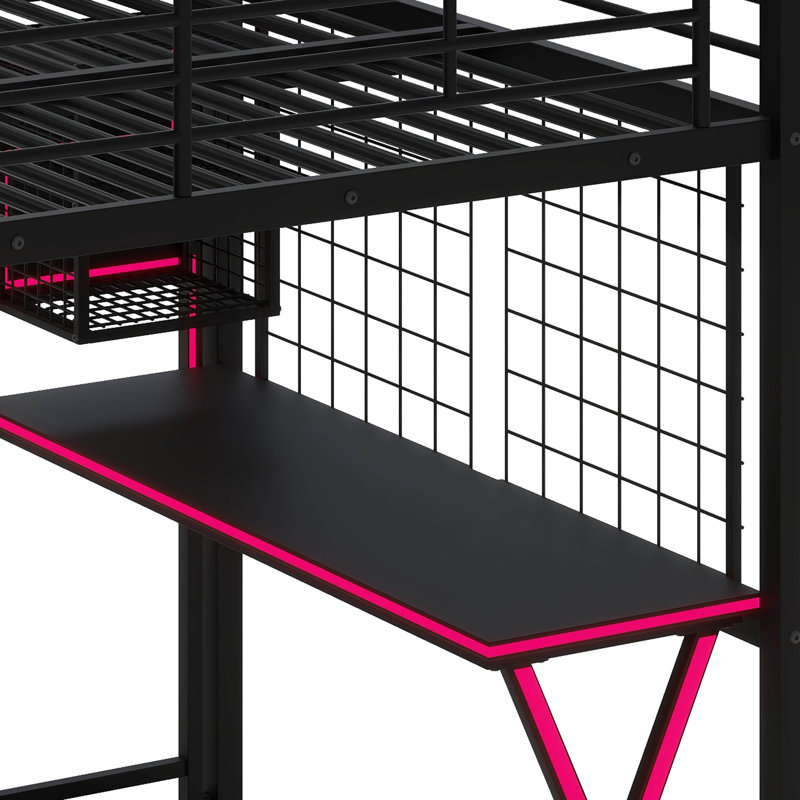 Lit mezzanine double en métal avec poste de travail intégré, garde-robe, escalier de rangement et DEL