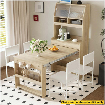 2-in-1 Buffet Hutch with Extendable Foldable Dining Table, Mobile Sideboard with Sliding Glass Door Storage Cabinet & Side Hooks for Small Space Apartment Studio