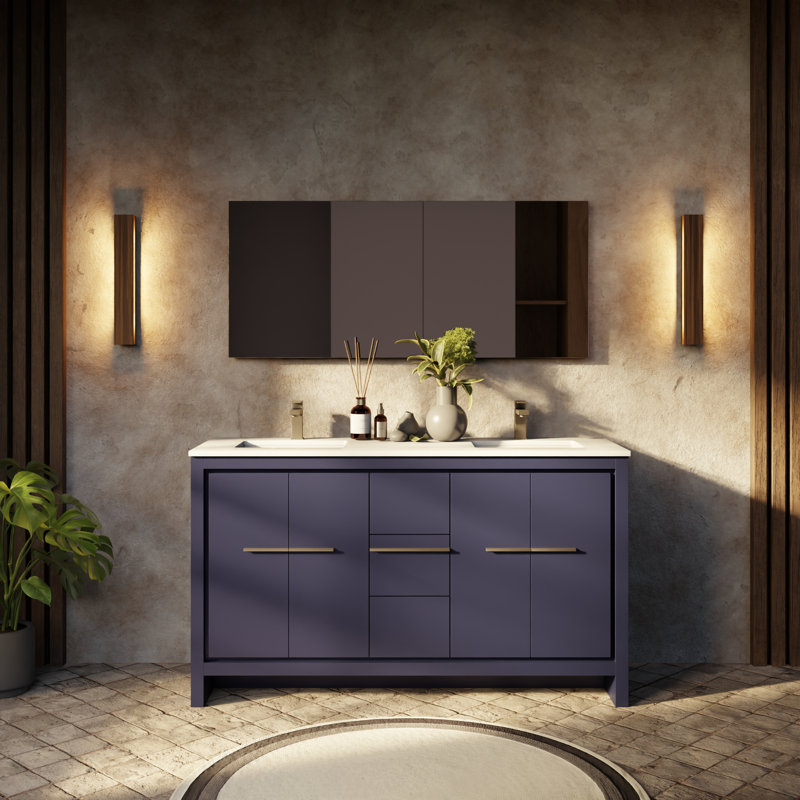Lafarre 60" Double Bathroom Vanity Set with Mirror, Navy Blue, White Quartz