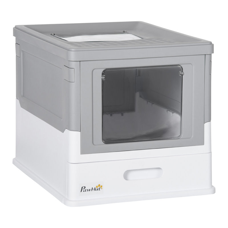 Bac à litière pour chat entièrement fermé avec pelle, litière pour chat à capuche avec plateau à tiroirs, pot pliable pour chat avec entrée frontale, sortie supérieure, toilette portative pour animal de compagnie avec grand espace, gris