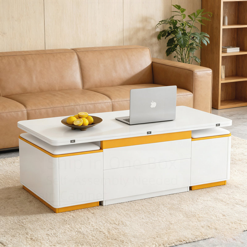 Luxueuse table basse ultra-brillante avec plateau relevable et tabourets de rangement pour la vie moderne., Blanc