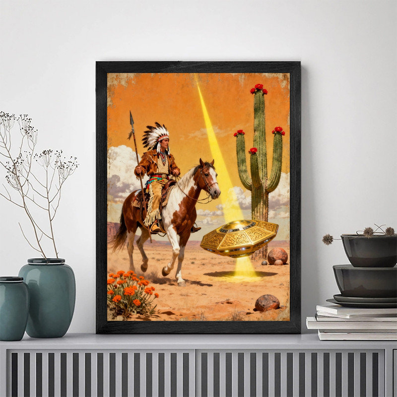 OVNI rétro encadré noir, impression de cadre fantaisiste Western Western, H 37 po x l 25 po