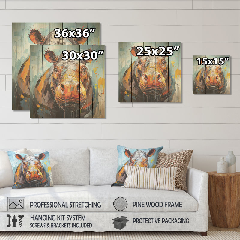 Hippo Harmony I - Hippopotamus On Wood Print, 15" H x 15" W
