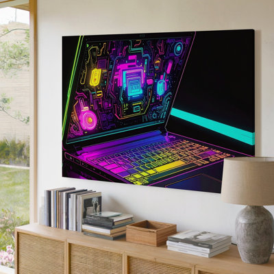 Wall Art Neon Tech Laptop Futuristic Cyberpunk Digital Art Print Some Tools Wall Canvas Ready To Hang Gallery Wrapped Home Decor Decor