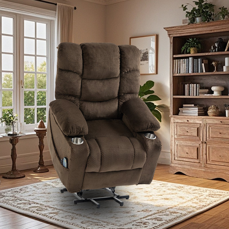 Chira Power Lift Recliner Chair for Elderly, Brown Velvet with Massage & Heat, Overstuffed Reclining Sofa with Cup Holders & Side Pocket