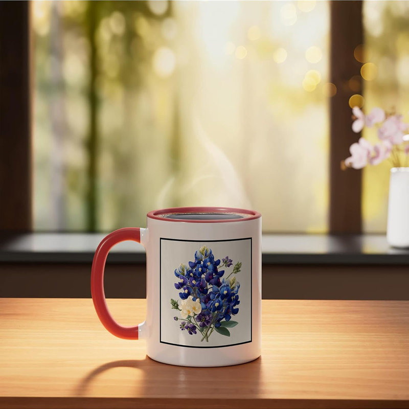 Bluebonnet Flower Bouquet Ceramic Mug, 11oz, Red