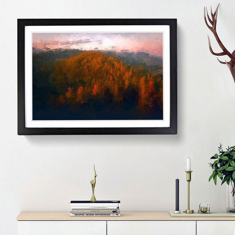 Sunset over an Autumn Forest in Abstract - Picture Frame Graphic Art Print, 62cm H x 87cm W x 2cm D, Black Framed