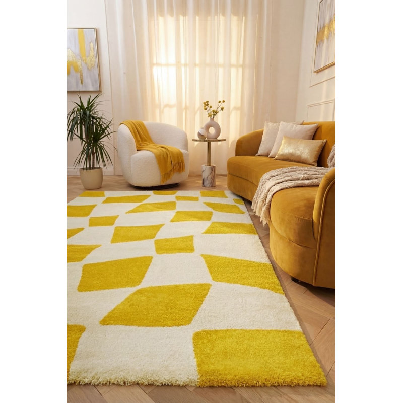 Joli Chequered Area Rug Soft Dense Pile for Living Rooms and Bedrooms, Yellow/White, Rectangle 200 x 290 cm
