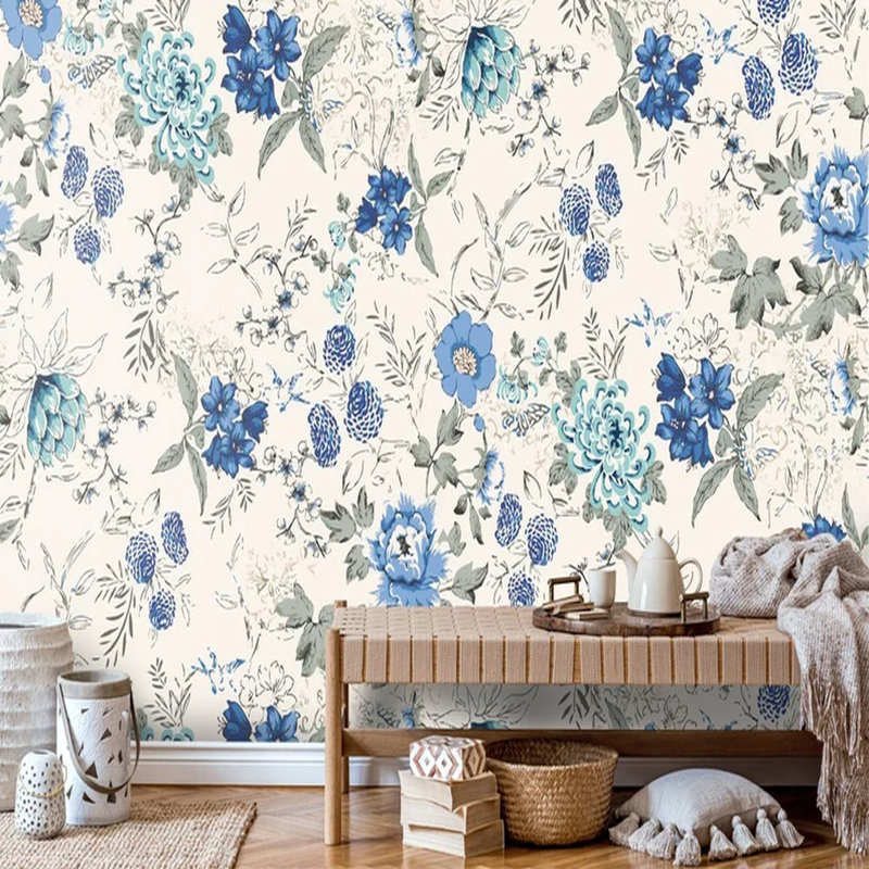 Blue Garden Botanical Wallpaper Set, 108" L x 192" W