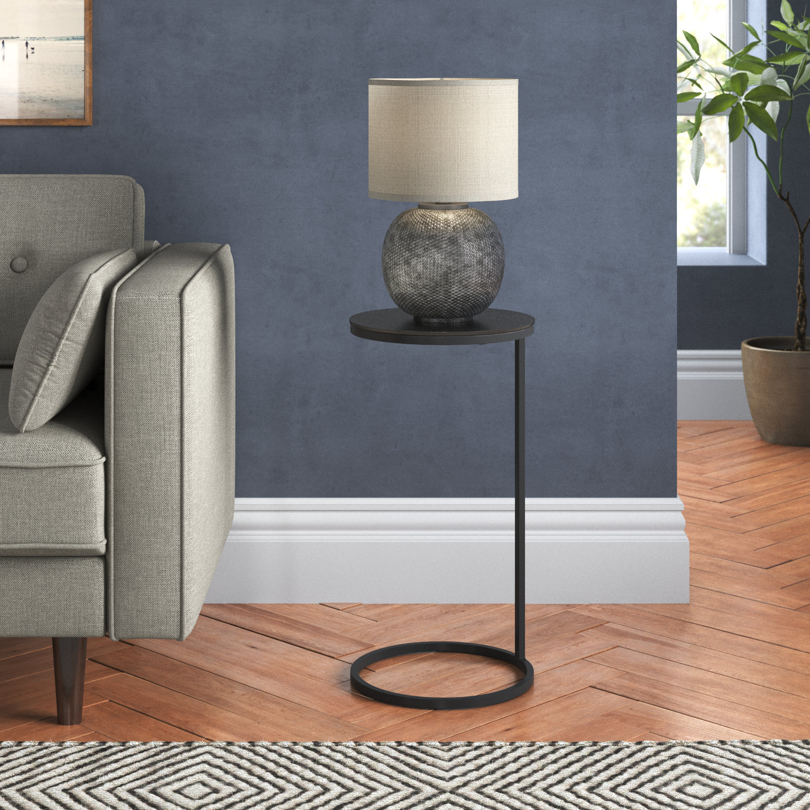 Addie 13" End Table, Antique Nickel Top/Black Base