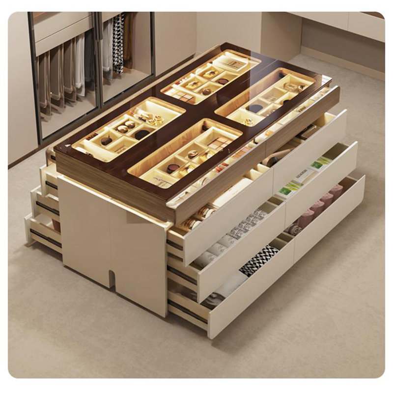 Armoire à bijoux minimaliste blanc cassé 47,24 po | Présentoir à bijoux à double face avec éclairage, convenant à la zone des pieds de la chambre à coucher et au vestiaire.