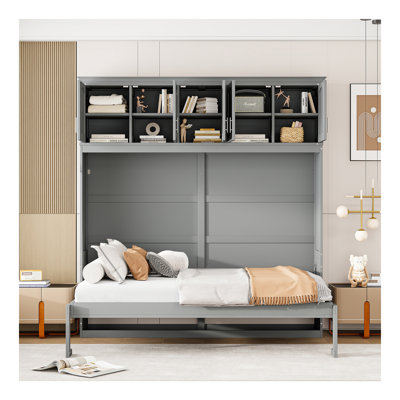 Lit escamotable double pleine grandeur avec armoires supérieures, gris